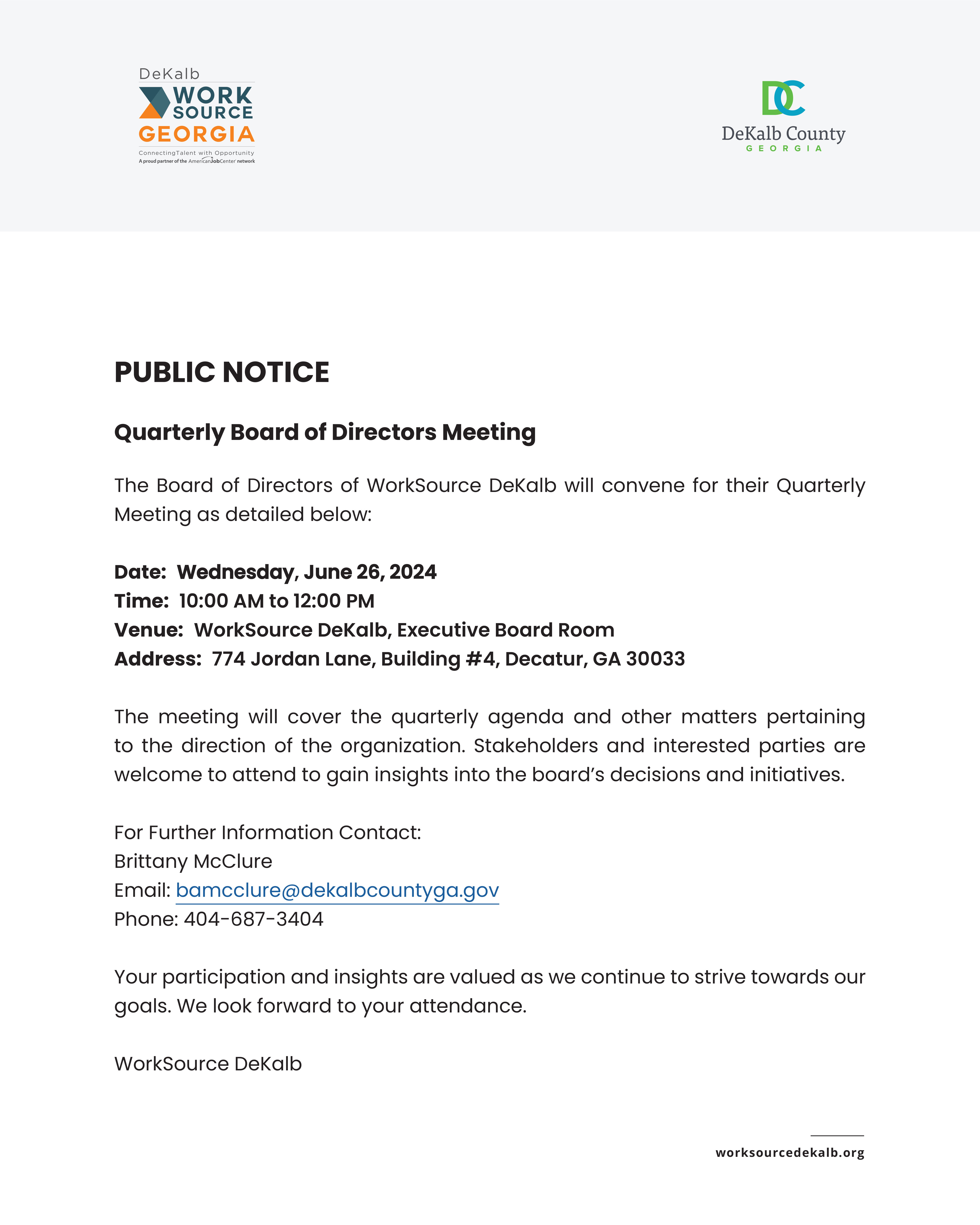 Public Notice of Board Meeting