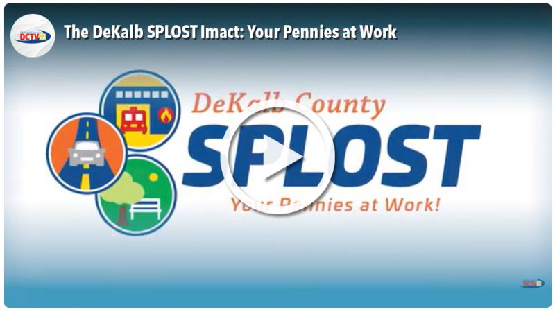Image of the DeKalb SPLOST video logo with cartoon pictures of a car, building, and park.