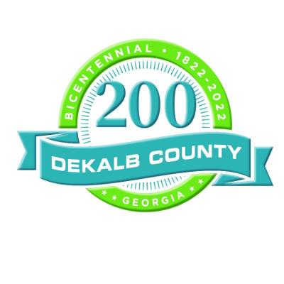 Bicentennial logo for DeKalb County, Georgia, in blue and green. Central "200" with a ribbon reading “DeKalb County.” Text: “1822-2022.”