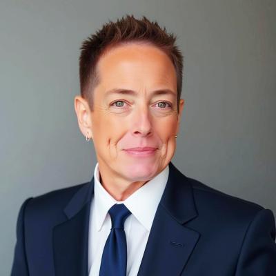 A person with short hair smiles warmly, wearing a navy suit and tie against a gray background. The expression and attire convey professionalism and friendliness.