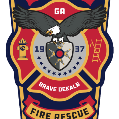 DeKalb County Fire Rescue seal that looks like a badge that is blue, gold, and red and reads DeKalb County Fire Rescue, 1937, Brave DeKalb.