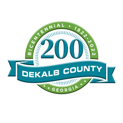 Seal design celebrating DeKalb County's bicentennial, featuring "200" in bold, with a blue ribbon overlay and green circular border.