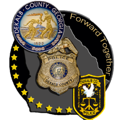 Official emblems of DeKalb County, Georgia, include a circular seal with figures and a flame, a police badge, and an eagle patch. "Forward Together" text arches above.