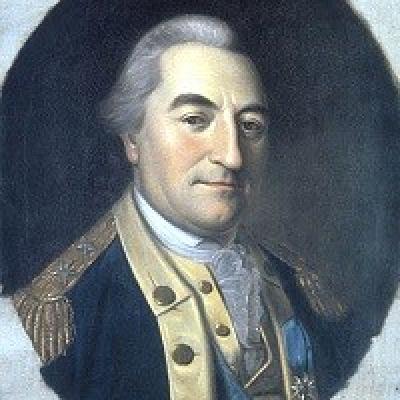 Portrait of a man in 18th-century military attire with a dark blue coat, white cravat, and gold epaulettes. He gazes confidently, set against a dark oval background.