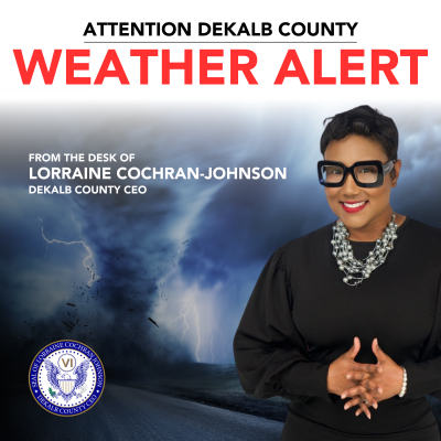 Dekalb County weather alert notice with a severe storm background. A person is smiling, wearing glasses and a necklace, with text from the county CEO.