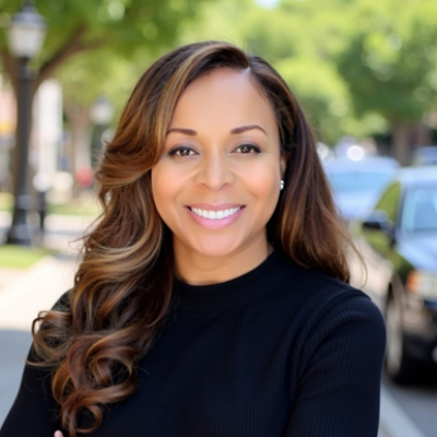 Portrait of a smiling woman in a black sweater, standing on a sunlit street with leafy trees and parked cars. The atmosphere is warm and inviting.