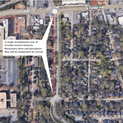 Aerial map view showing Arcadia Avenue. A red dotted line marks a southbound lane closure between Missionary Drive and Derrydown Way.
