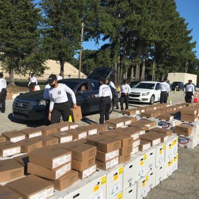 People wearing matching uniforms are distributing boxes from rows of supplies into car trunks at a drive-through event, surrounded by trees and clear skies.