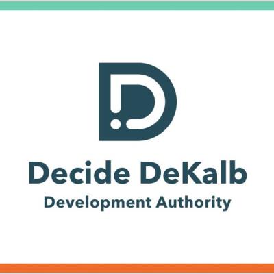 Image with Decide DeKalb Development Authority blue green text with white background. There is a green horizontal line at the top and an orange horizontal line at the bottom
