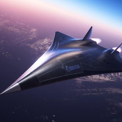Photo of a reusable, autonomous hypersonic aircraft for military and commercial applications flying above the terrains in the orange blue clouds with the name DARKHORSE on the side of it.