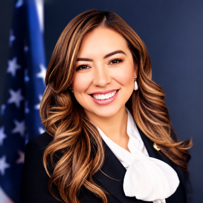 Professional portrait of a woman with long wavy brown hair, wearing a black blazer with a white bow-tie blouse and a DeKalb County pin, in front of an American flag.