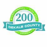 Bicentennial logo for DeKalb County, Georgia, in blue and green. Central "200" with a ribbon reading “DeKalb County.” Text: “1822-2022.”