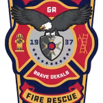 DeKalb County Fire Rescue seal that looks like a badge that is blue, gold, and red and reads DeKalb County Fire Rescue, 1937, Brave DeKalb.