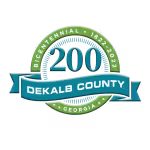 Seal design celebrating DeKalb County's bicentennial, featuring "200" in bold, with a blue ribbon overlay and green circular border.