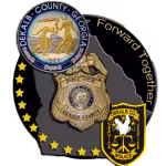 Official emblems of DeKalb County, Georgia, include a circular seal with figures and a flame, a police badge, and an eagle patch. "Forward Together" text arches above.