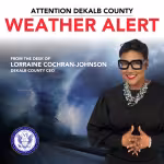 Dekalb County weather alert notice with a severe storm background. A person is smiling, wearing glasses and a necklace, with text from the county CEO.