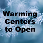 Text "Warming Centers to Open" over a close-up of frost-covered flowers on a blue background, conveying a cold, wintry atmosphere.