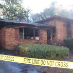 A brick house with fire damage has charred walls, broken windows, and a burnt-out car. Yellow "Fire Line Do Not Cross" tape surrounds the scene.