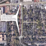 Aerial map view showing Arcadia Avenue. A red dotted line marks a southbound lane closure between Missionary Drive and Derrydown Way.