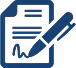 Icon of a pen signing a document with lines of text and a signature, all in blue.