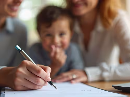 Man and woman sit with their child as they finalize the child's adoption papers.