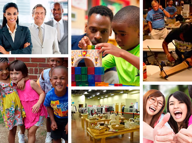 Collage of DeKalb County residents being active in the community such as education, business, play, and community engagement.