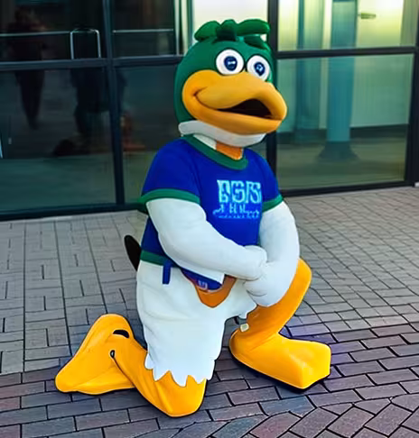 A mascot that resembles a duck with a blue t-shirt on, kneeling on a brick laid ground in front of a windowed door.