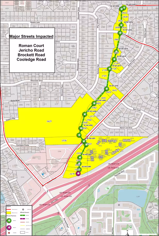 A DeKalb County map showing the Roman Court sewer improvement project marked with green and red lines with yellow areas marked and a list of four major impacted roads.