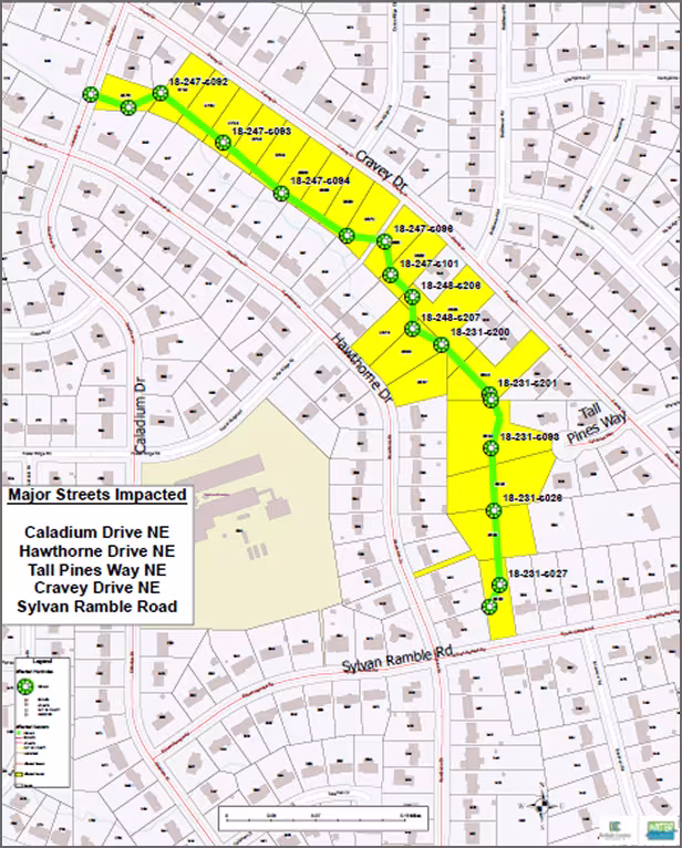 A DeKalb County map showing the Caladium/Hawthorne sewer improvement project marked with green and red lines with yellow areas marked and a list of five major impacted roads.