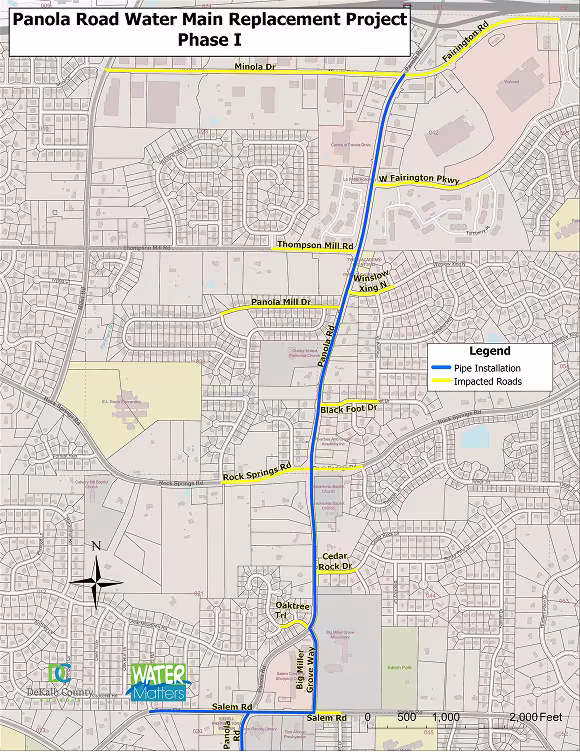 A DeKalb County map showing the Panola Road water main replacement project Phase one marked with a blue line with a yellow line marking impacted roads.