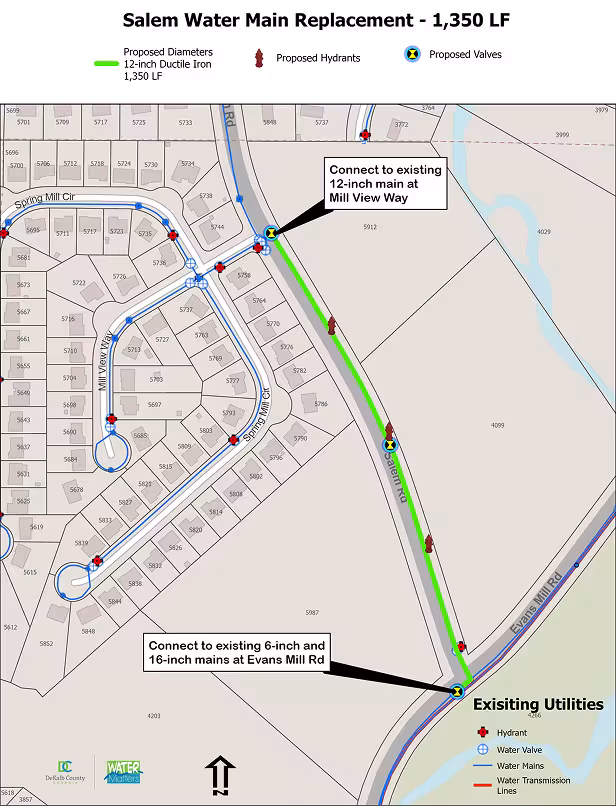 A DeKalb County map showing the Salem water main replacement project marked with a green line with fire hydrants and manholes marked with icons.
