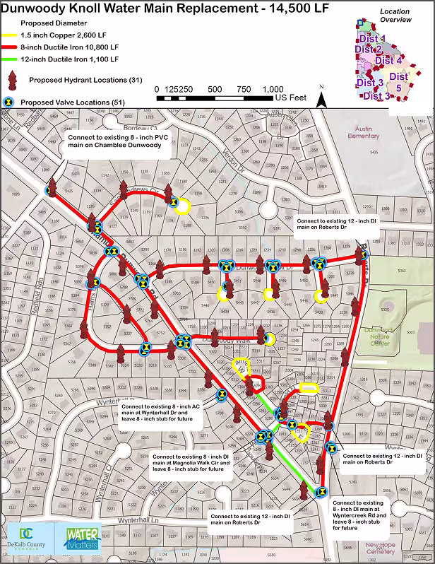 A DeKalb County map showing the Dunwoody Knoll water main replacement marked with a red, yellow, and green lines with fire hydrants and manholes marked with icons.