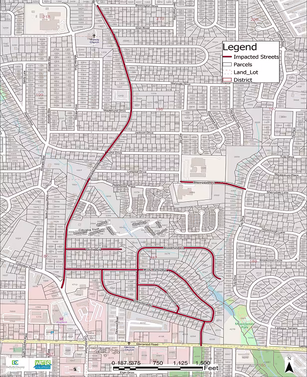 A DeKalb County map showing the Miss Valley water main replacement project with impacted streets marked with a red line along with parcels marked with a clear box, land lots marked with a dotted box, and districts marked with a red box.