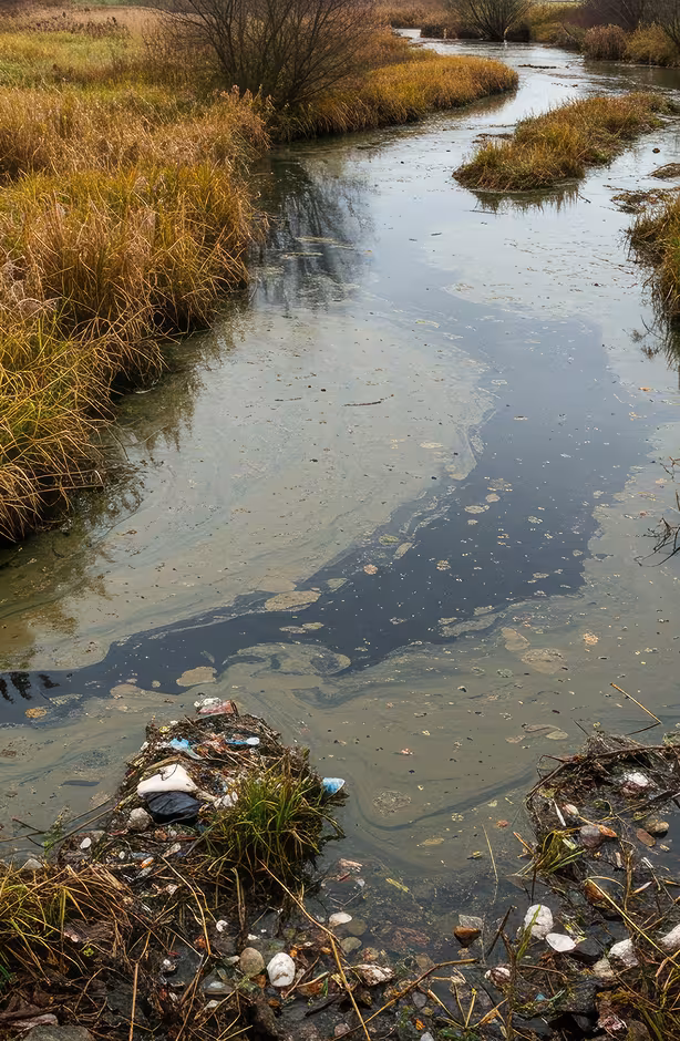 Flooded and polluted water way, with yellow discoloration and trash, in DeKalb County.