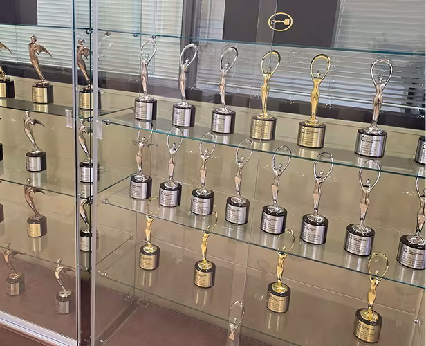 Glass trophy case full of gold and silver Emmy Awards.