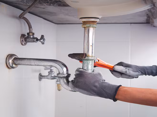 A plumber working below a sink with grey gloves on and using an orange wrench.