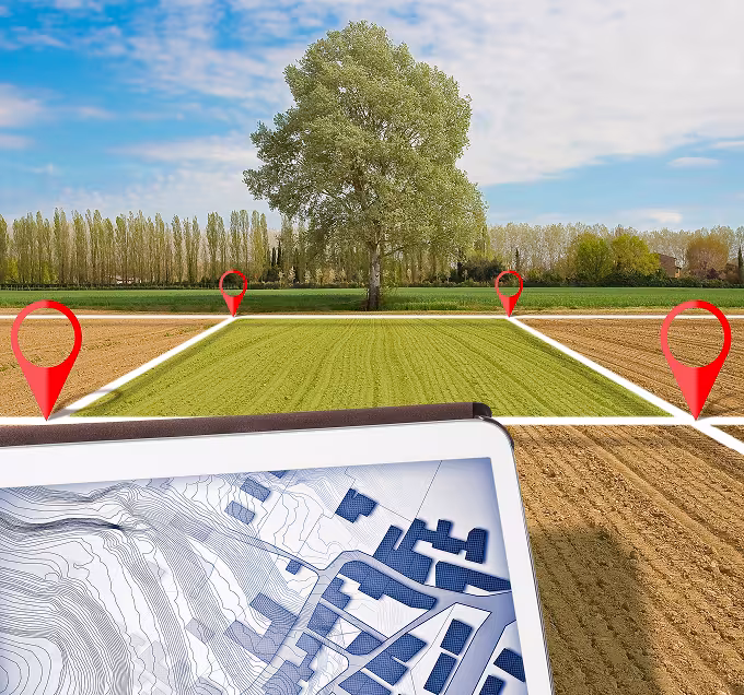 A lush field with a large tree is marked by red location pins and white lines. In the foreground, a tablet displays a digital map, suggesting land surveying.