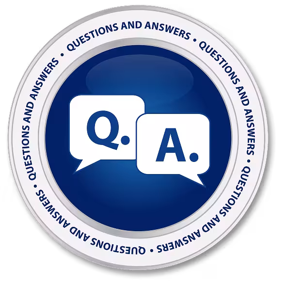 A blue circular icon with "Q." and "A." in speech bubbles at the center, surrounded by the text "Questions and Answers" in a white border.