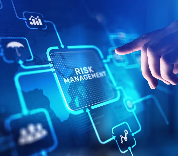 Hi-tech style photo with blue and neon blue color and the words risk management.