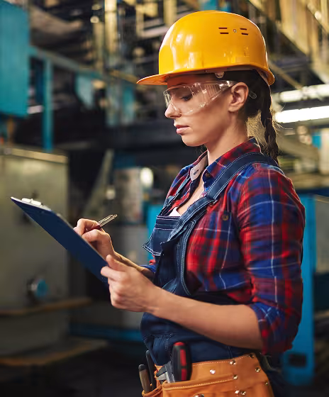 Woman wearing a yellow hard hat and safety glasses in overalls and a tool belt writing on a clip board in a factory.