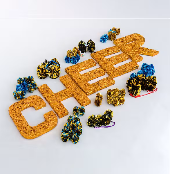 The word cheer in yellow, textured letters surrounded by pom poms.