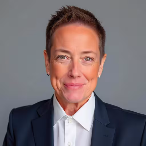 A person with short hair, wearing a dark suit and white shirt, smiles gently against a gray background. The tone is professional and welcoming.