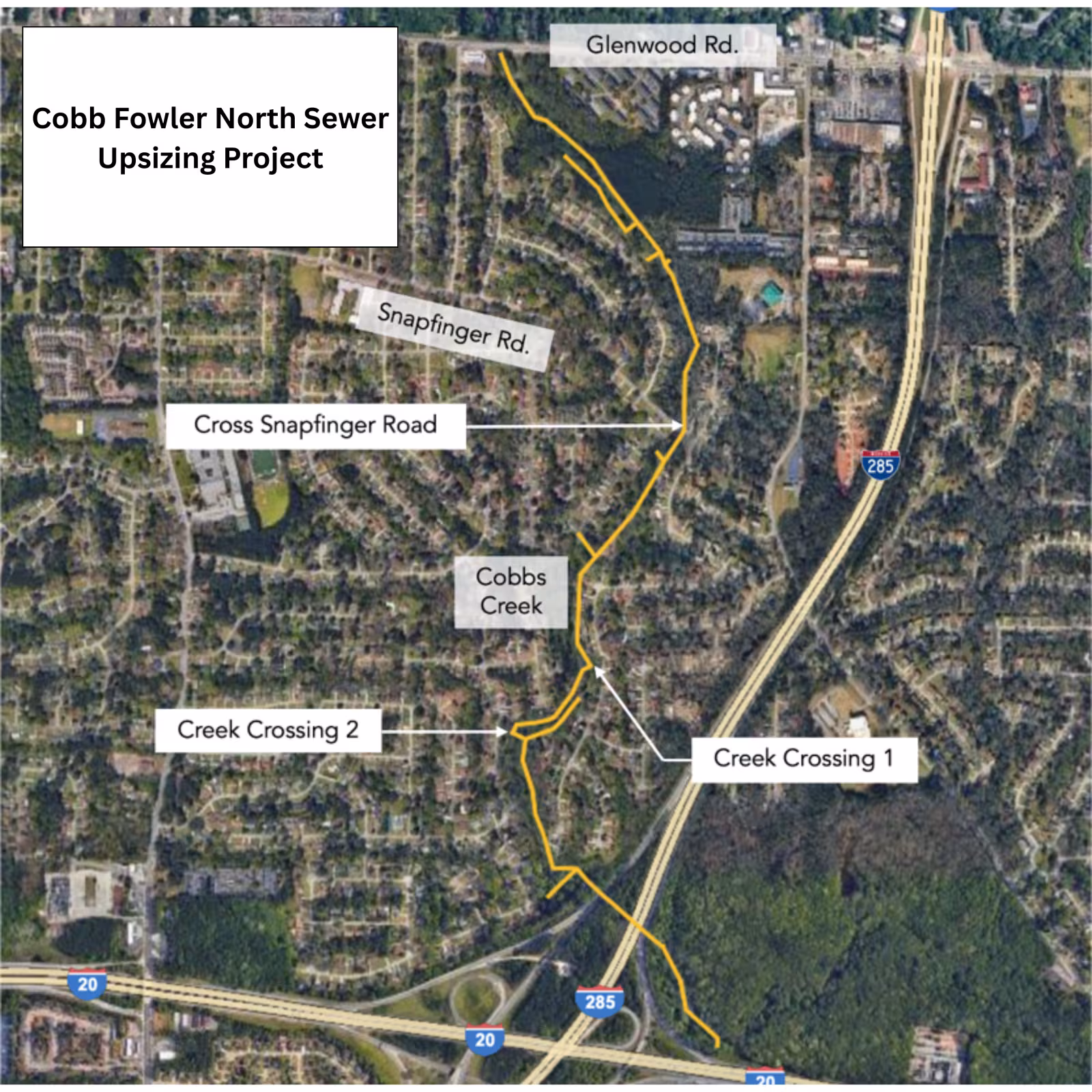 Satellite map showing Cobb Fowler North Sewer Upsizing Project route in yellow. Key locations: Glenwood Rd., Snapfinger Rd., Cobbs Creek, and I-285.