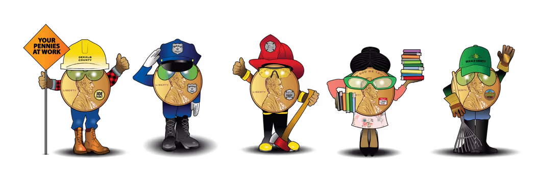 Five cartoon pennies wearing different occupational costumes stand against a black background. From left to right: a construction worker with a sign, a police officer, a firefighter with an axe, a teacher holding books, and a groundskeeper with a rake. Each penny has glasses and portrays a friendly, cheerful demeanor.