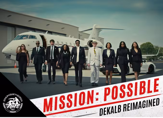 A diverse group of people dressed in formal suits walks confidently away from a private jet. The image is overlaid with text: "Mission: Possible, DeKalb Reimagined."