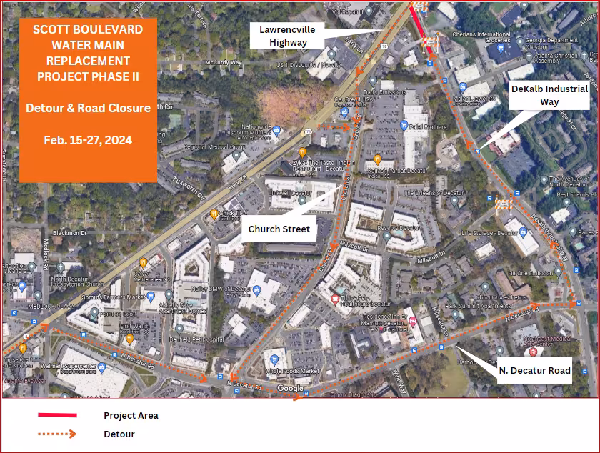 A map highlighting "Scott Boulevard Water Main Replacement Project Phase II" shows detours and road closures from Feb. 15-27, 2024, affecting Church Street and nearby roads.