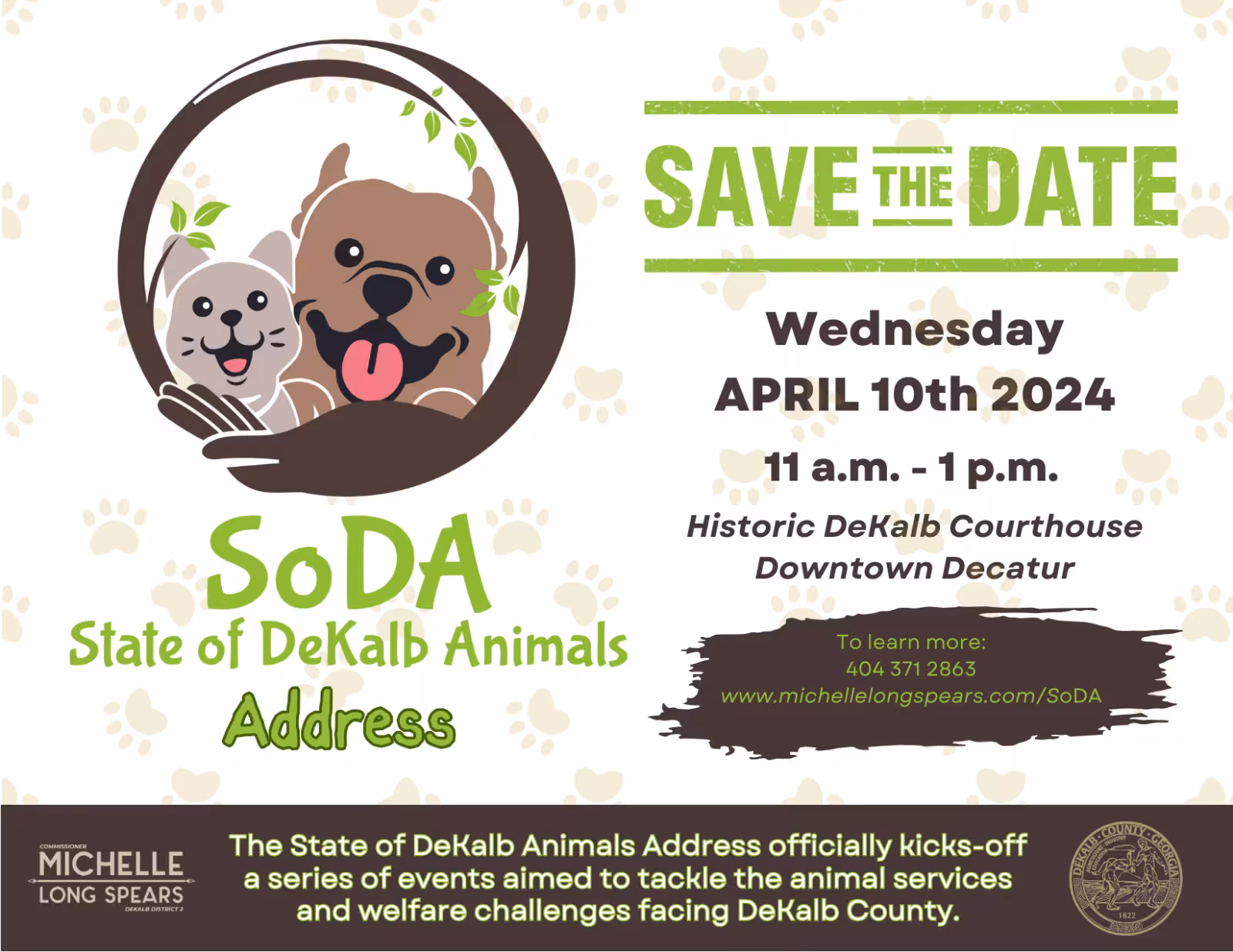 Save the date invitation for SoDA: State of DeKalb Animals Address on April 10, 2024, with a playful dog and cat graphic. Event details included.