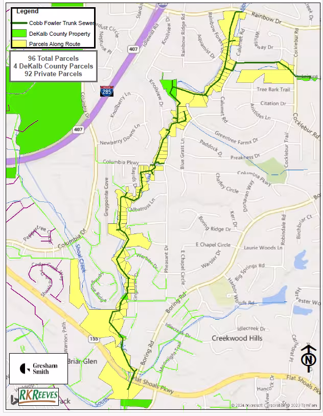 Map showing Cobb Fowler Trunk Sewer project route in DeKalb County. Yellow areas mark parcels along the route; green indicates county property.