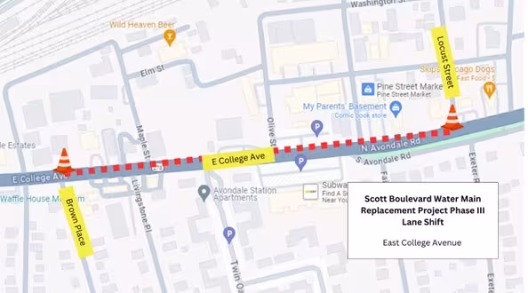 Map showing lane shift on E College Ave, marked with red dots and traffic cones. Key intersections are Locust Street and Brown Place.
