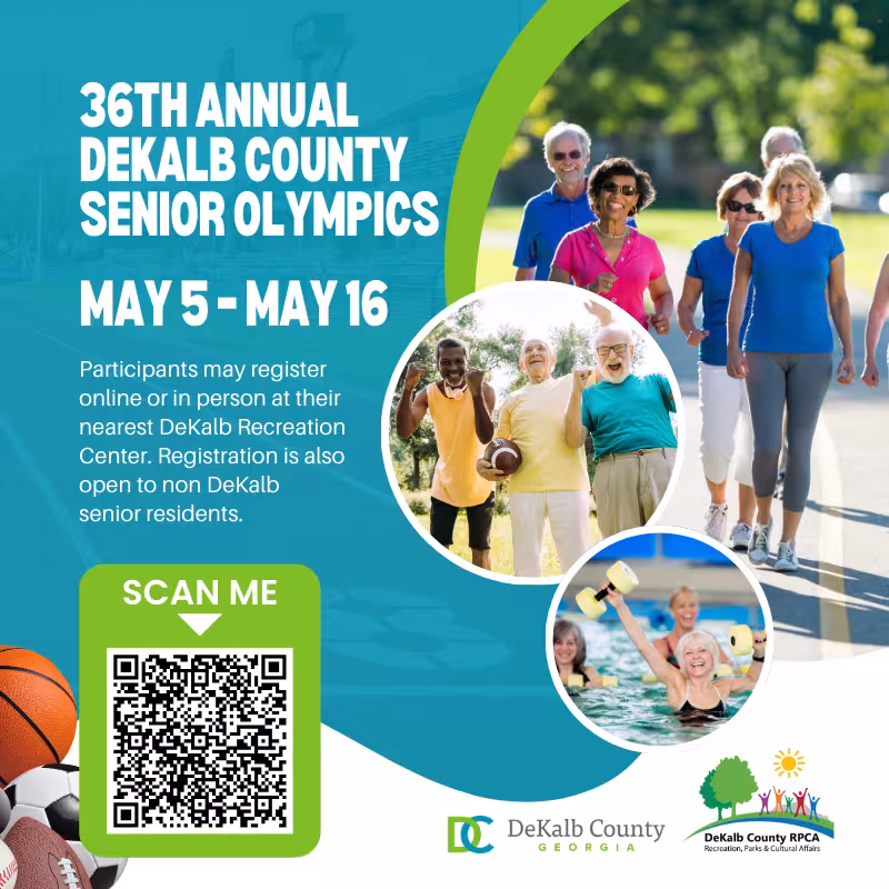 Flyer for the 36th Annual DeKalb County Senior Olympics, May 5-16. Features seniors exercising and QR code for registration info. Energetic and inviting.